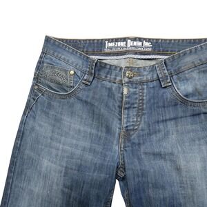 Timezone Denim Jeans Mens‎ Blue Straight Leg Button Fly Medium Wash Embroidered